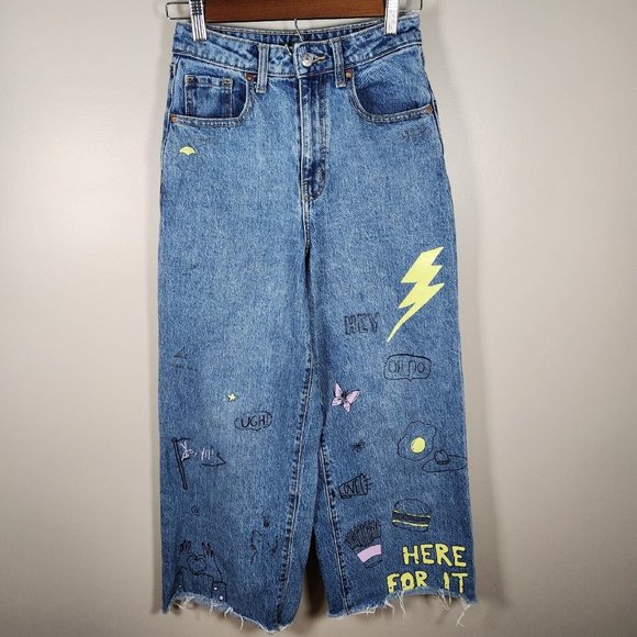 wild fable Denim - Wild Fable Pants Womens 24 00 Denim Jeans Wide Leg Ankle Raw Hem Graphic Y2K